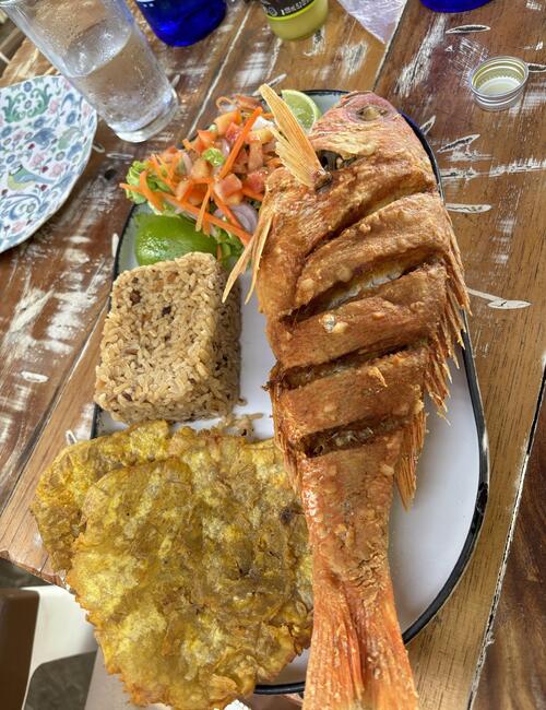 Arroz con coco y pargo rojo